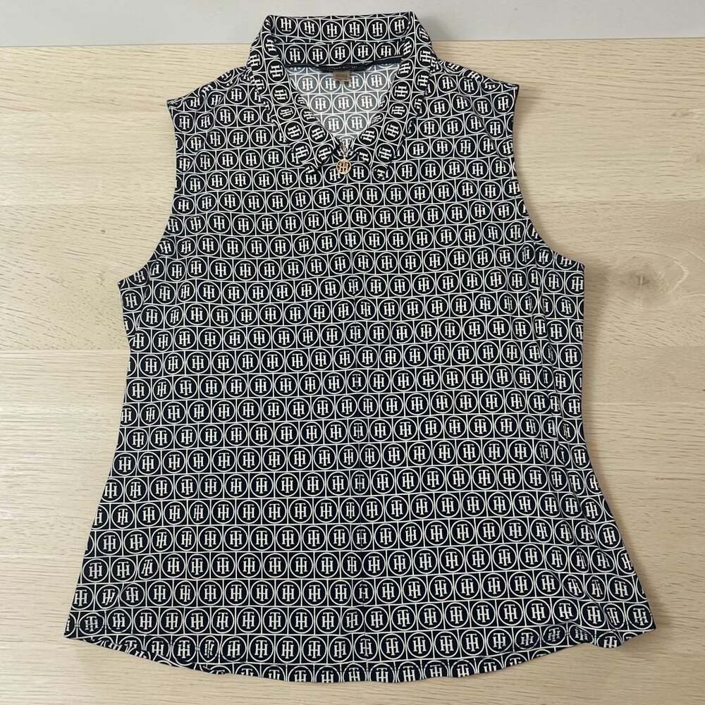 Tommy Hilfiger Sleeveless Polo Shirt Monogram Print Sz XL Navy Blue / Black